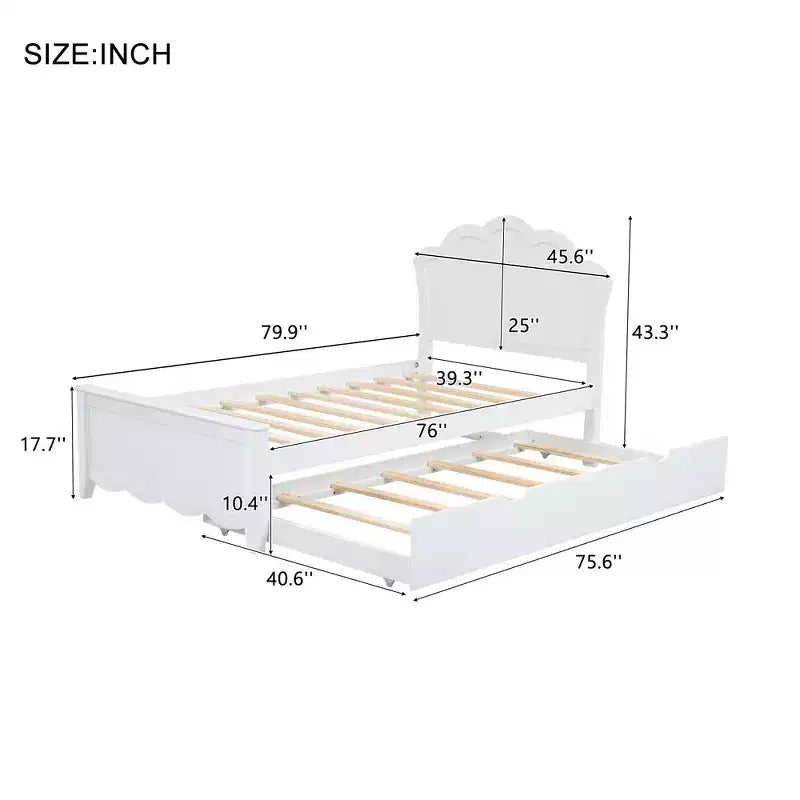 Lit plateforme simple avec tête de lit et lit gigogne, blanc