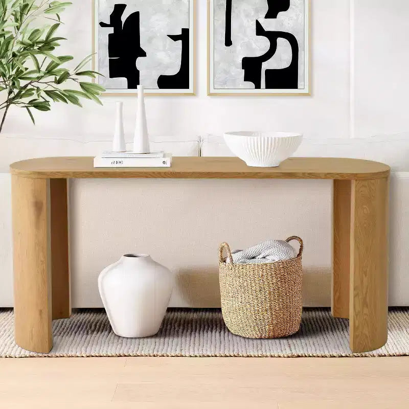 Console d'entrée ovale moderne de 60 pouces, table de canapé effet bois avec pieds en C, table de couloir pour salon, hall d'entrée ou derrière le canapé