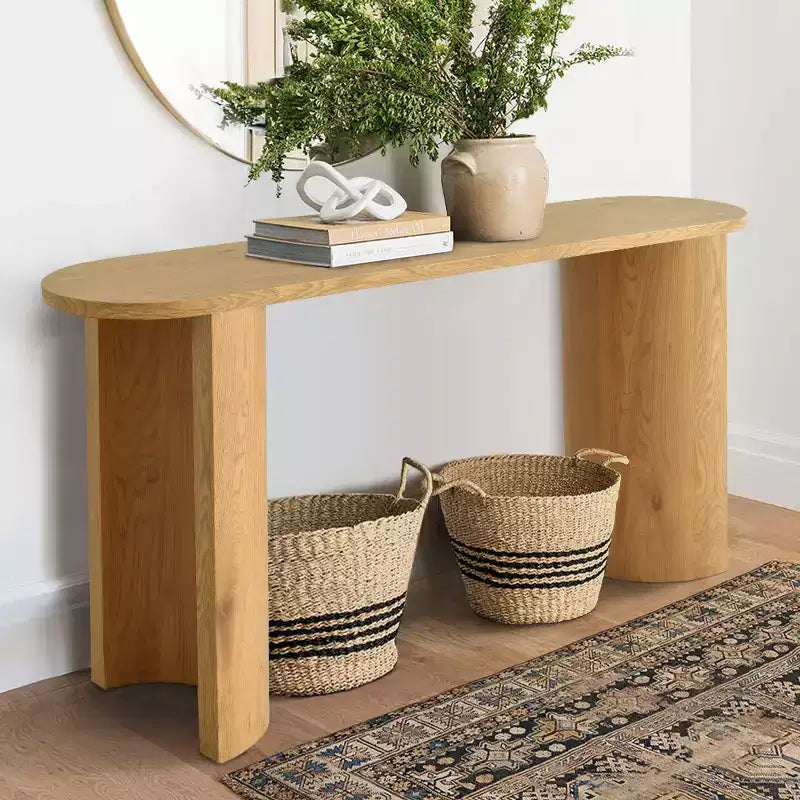 Console d'entrée ovale moderne de 60 pouces, table de canapé effet bois avec pieds en C, table de couloir pour salon, hall d'entrée ou derrière le canapé