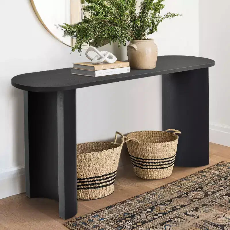 Console d'entrée ovale moderne de 60 pouces, table de canapé effet bois avec pieds en C, table de couloir pour salon, hall d'entrée ou derrière le canapé