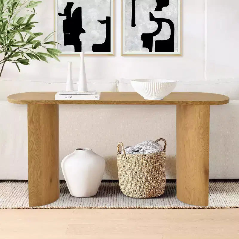 Console d'entrée ovale moderne de 60 pouces, table de canapé effet bois avec pieds en C, table de couloir pour salon, hall d'entrée ou derrière le canapé