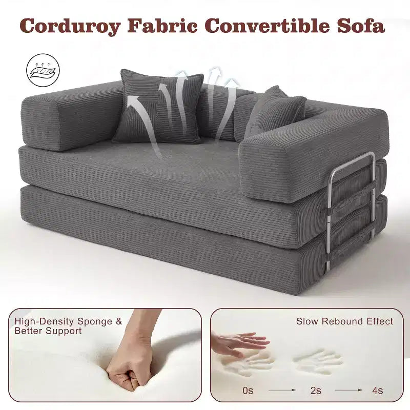 Canapé-lit pliable cinq-en-un de 65 po avec cadre en métal, en velours côtelé