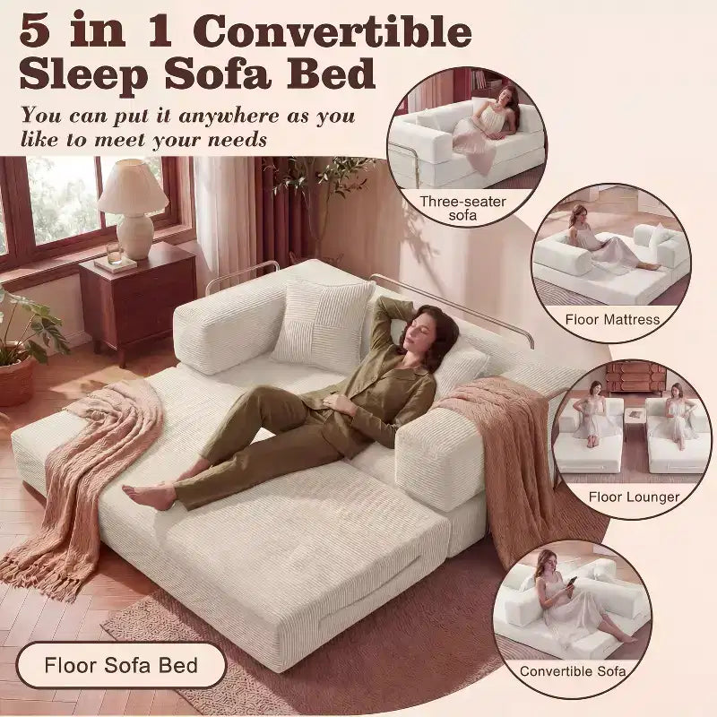 Canapé-lit pliable cinq-en-un de 65 po avec cadre en métal, en velours côtelé