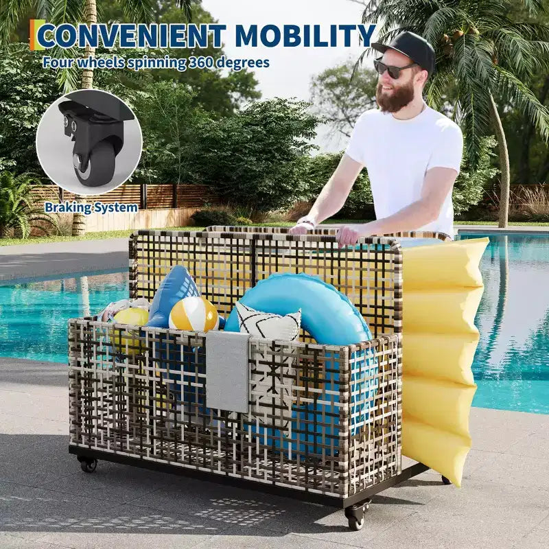 Organisateur de rangement flottant pour piscine avec roulettes, Caddy de piscine en rotin PE tressé résistant aux intempéries et panier de rangement de jouets pour piscine, patio et terrasse