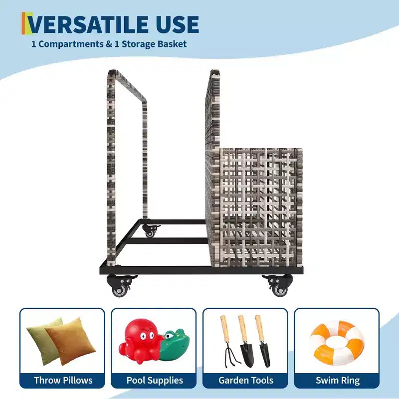 Organisateur de rangement flottant pour piscine avec roulettes, Caddy de piscine en rotin PE tressé résistant aux intempéries et panier de rangement de jouets pour piscine, patio et terrasse