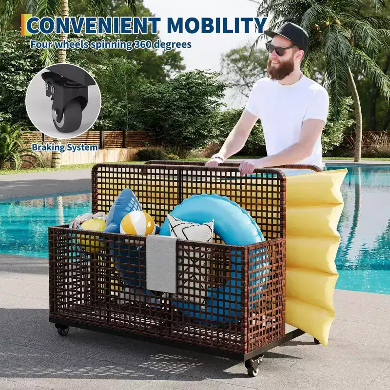 Organisateur de rangement flottant pour piscine avec roulettes, Caddy de piscine en rotin PE tressé résistant aux intempéries et panier de rangement de jouets pour piscine, patio et terrasse