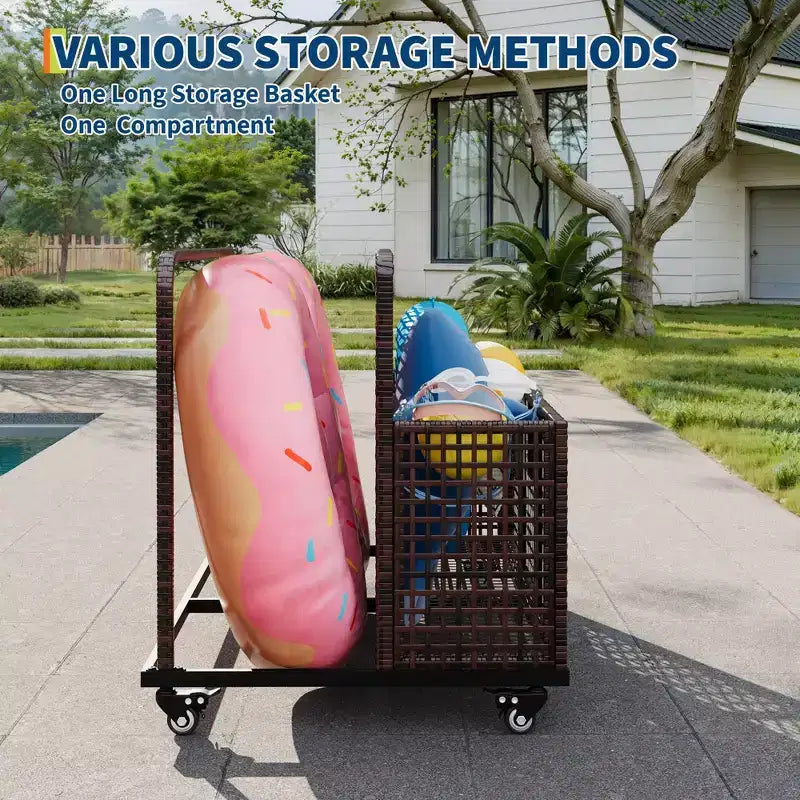 Organisateur de rangement flottant pour piscine avec roulettes, Caddy de piscine en rotin PE tressé résistant aux intempéries et panier de rangement de jouets pour piscine, patio et terrasse
