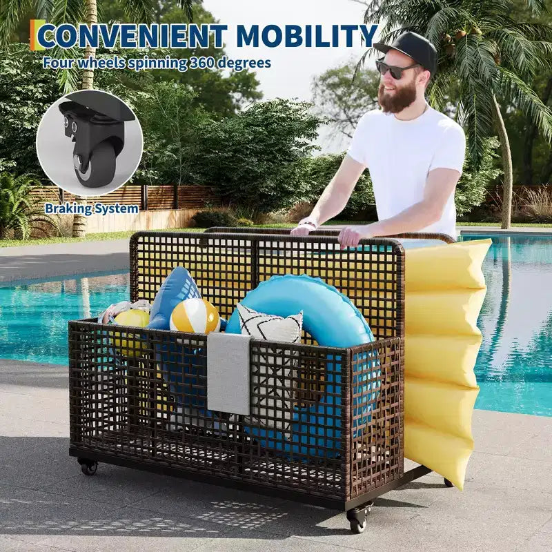 Organisateur de rangement flottant pour piscine avec roulettes, Caddy de piscine en rotin PE tressé résistant aux intempéries et panier de rangement de jouets pour piscine, patio et terrasse