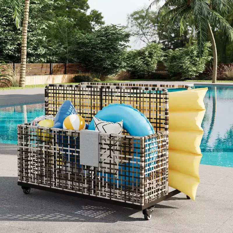 Organisateur de rangement flottant pour piscine avec roulettes, Caddy de piscine en rotin PE tressé résistant aux intempéries et panier de rangement de jouets pour piscine, patio et terrasse