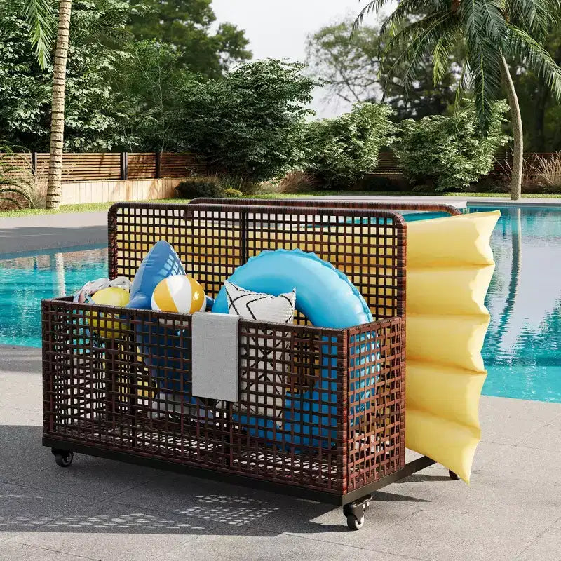 Organisateur de rangement flottant pour piscine avec roulettes, Caddy de piscine en rotin PE tressé résistant aux intempéries et panier de rangement de jouets pour piscine, patio et terrasse