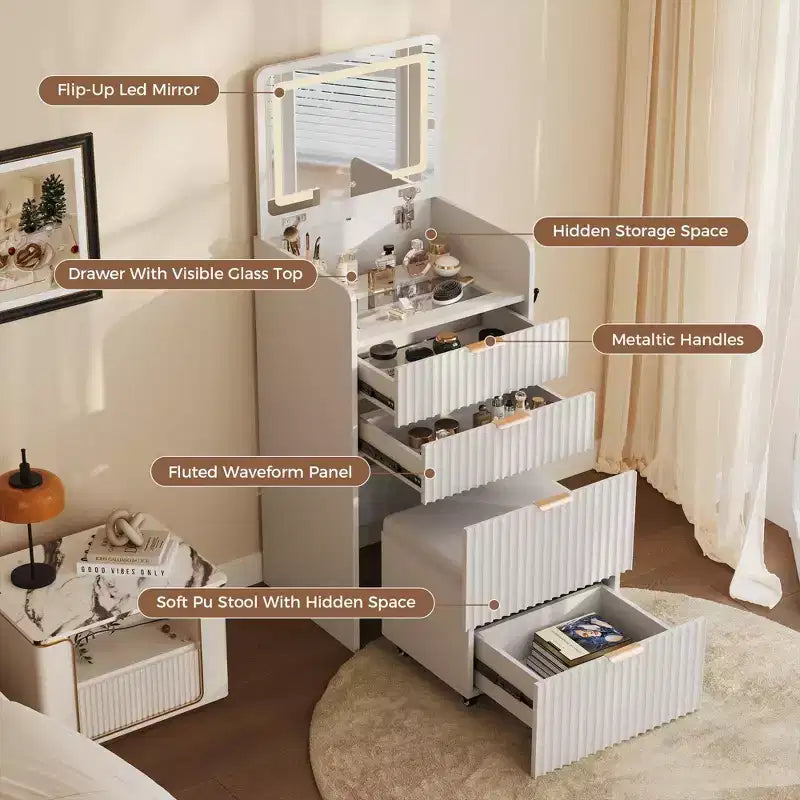 Bureau de maquillage 3-en-1 avec miroir basculant éclairé, 3 tiroirs et tabouret roulant avec chargement