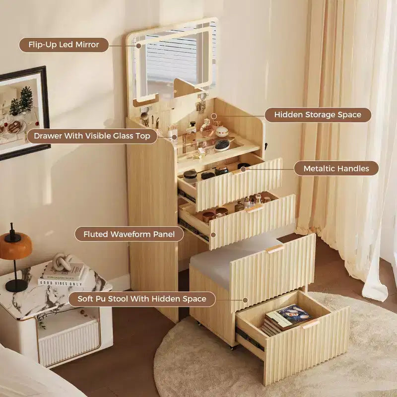 Bureau de maquillage 3-en-1 avec miroir basculant éclairé, 3 tiroirs et tabouret roulant avec chargement