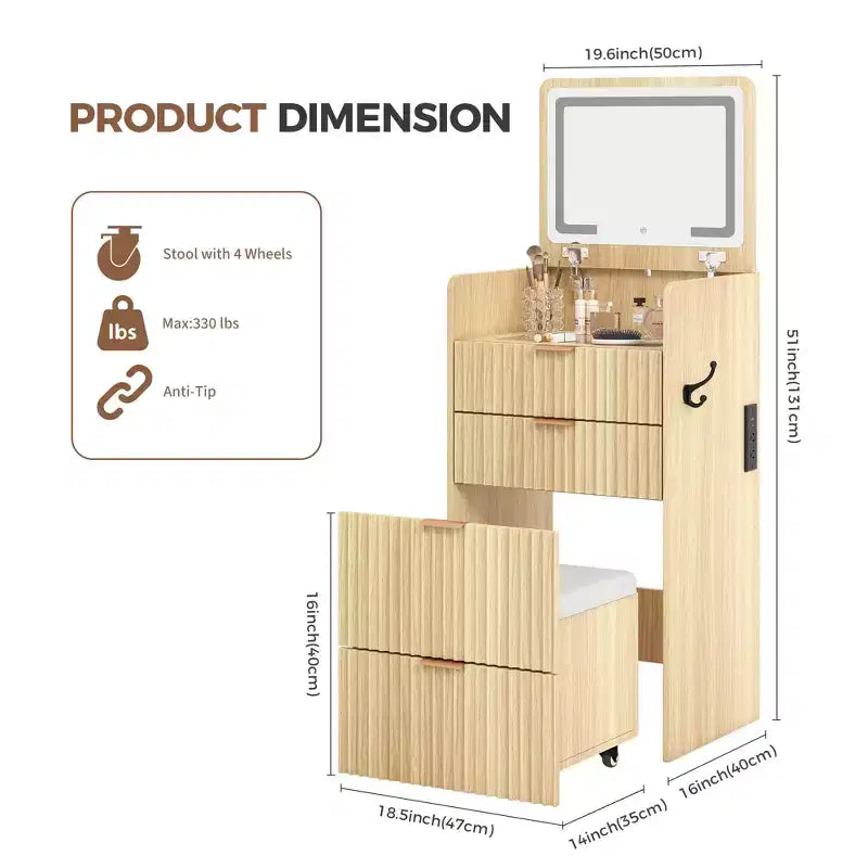 Bureau de maquillage 3-en-1 avec miroir basculant éclairé, 3 tiroirs et tabouret roulant avec chargement