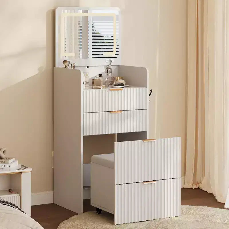 Bureau de maquillage 3-en-1 avec miroir basculant éclairé, 3 tiroirs et tabouret roulant avec chargement