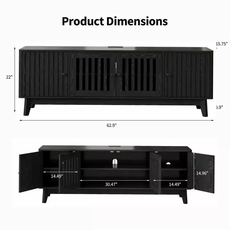 Meuble TV pour salon, meuble de divertissement de 160 cm pour téléviseurs jusqu'à 70" avec prise de courant et étagères de rangement réglables