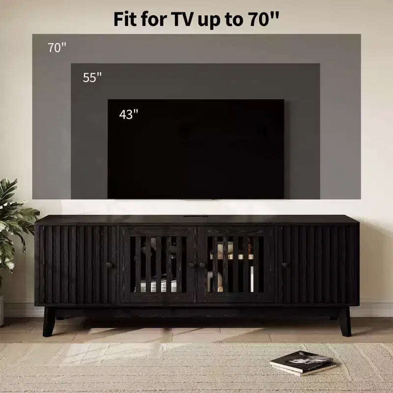 Meuble TV pour salon, meuble de divertissement de 160 cm pour téléviseurs jusqu'à 70" avec prise de courant et étagères de rangement réglables