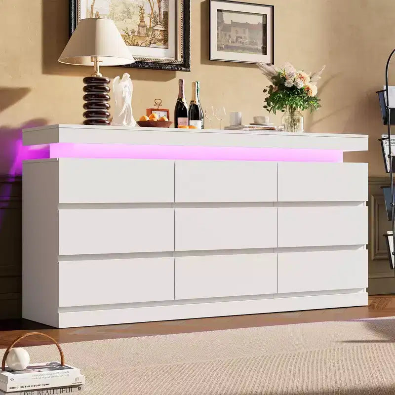 Commode à 9 tiroirs avec lumière LED et station de recharge, meuble TV et organisateur de maison