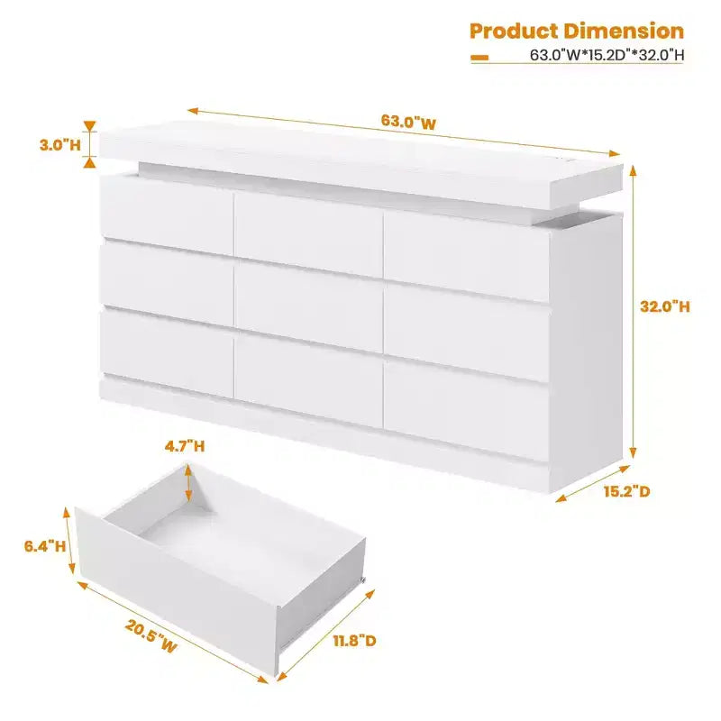 Commode à 9 tiroirs avec lumière LED et station de recharge, meuble TV et organisateur de maison