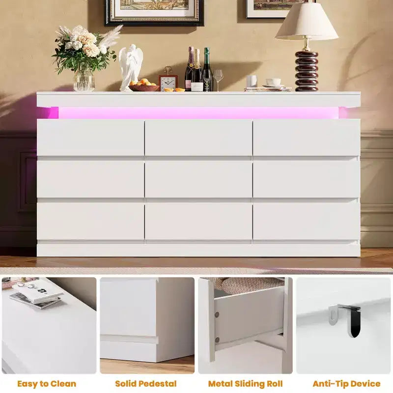 Commode à 9 tiroirs avec lumière LED et station de recharge, meuble TV et organisateur de maison