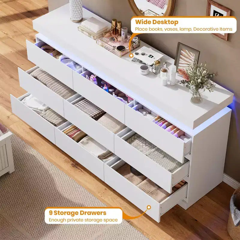 Commode à 9 tiroirs avec lumière LED et station de recharge, meuble TV et organisateur de maison