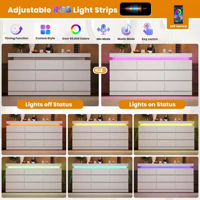 Commode à 9 tiroirs avec lumière LED et station de recharge, meuble TV et organisateur de maison