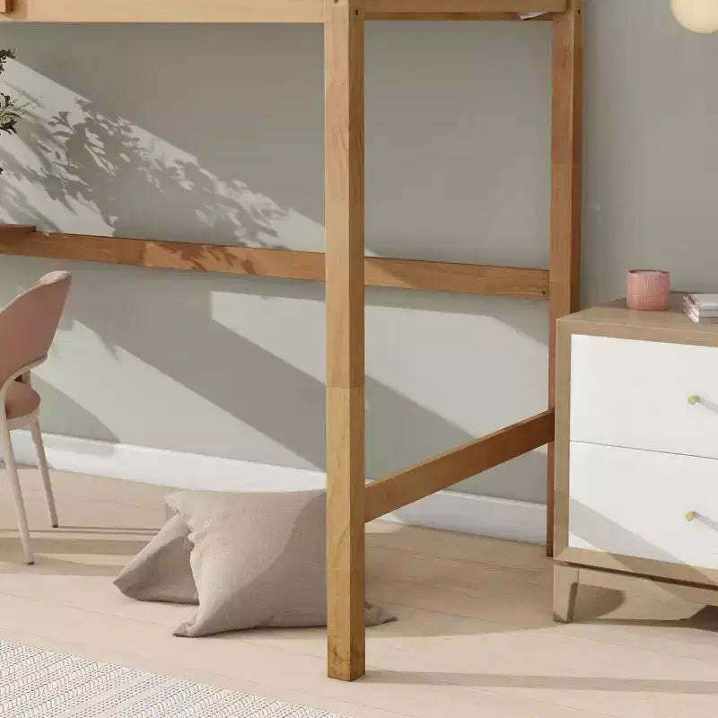 Lit mezzanine double surélevé avec barrière de sécurité, bureau intégré et échelle