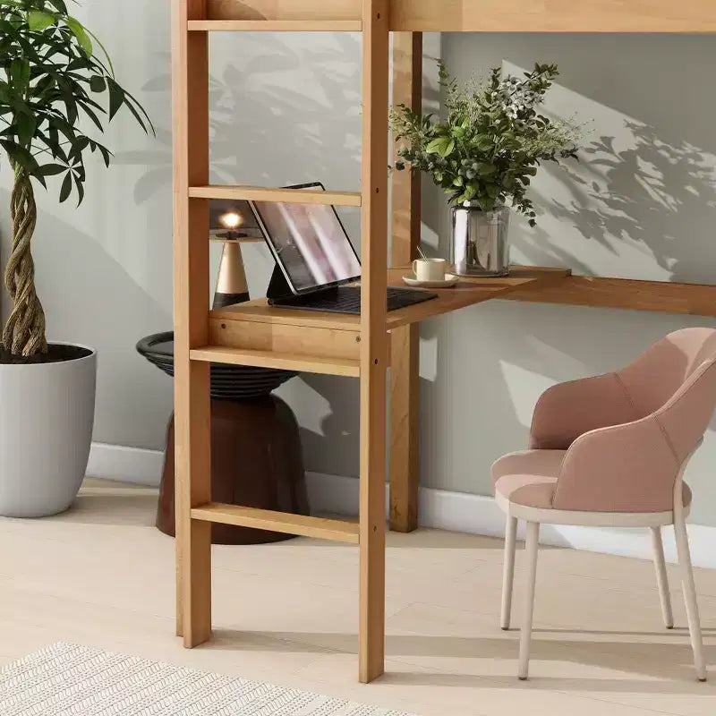 Lit mezzanine double surélevé avec barrière de sécurité, bureau intégré et échelle