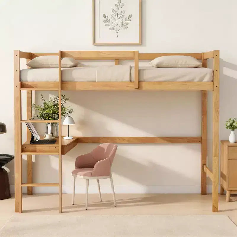 Lit mezzanine double surélevé avec barrière de sécurité, bureau intégré et échelle