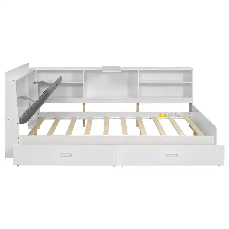 Lit plateforme grand format avec tête de lit de rangement, étagères et 2 tiroirs