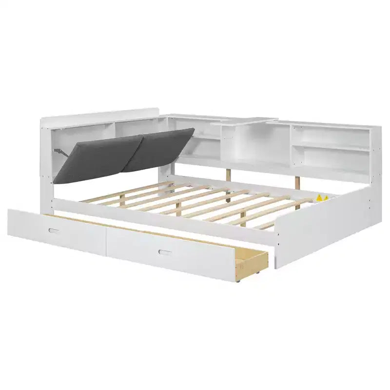 Lit plateforme grand format avec tête de lit de rangement, étagères et 2 tiroirs