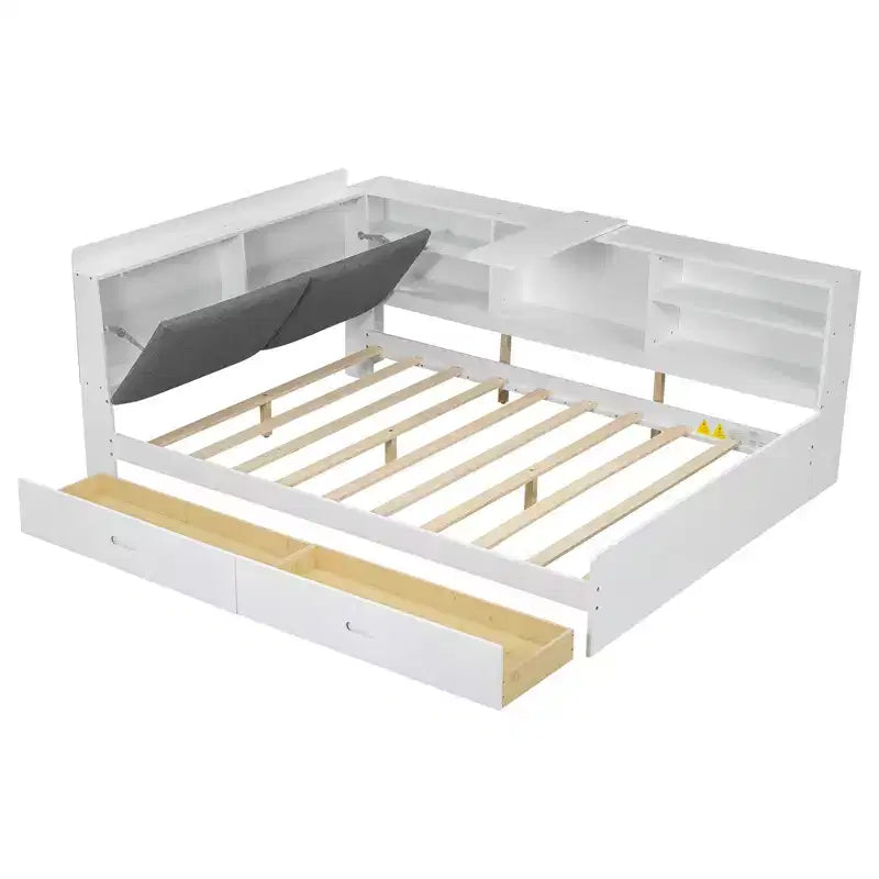 Lit plateforme grand format avec tête de lit de rangement, étagères et 2 tiroirs
