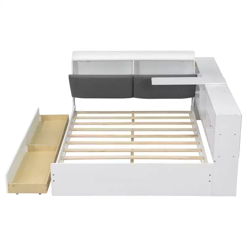 Lit plateforme grand format avec tête de lit de rangement, étagères et 2 tiroirs