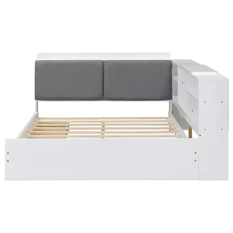 Lit plateforme grand format avec tête de lit de rangement, étagères et 2 tiroirs