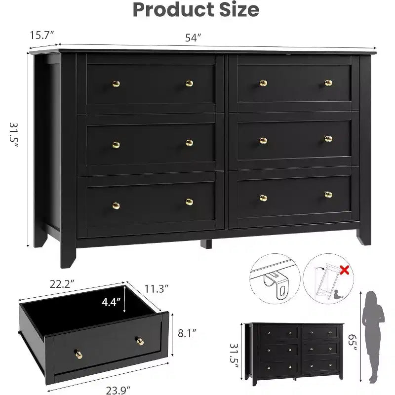 Commode large de 137 cm à 6 tiroirs pour chambre, entrée et couloir – Noir