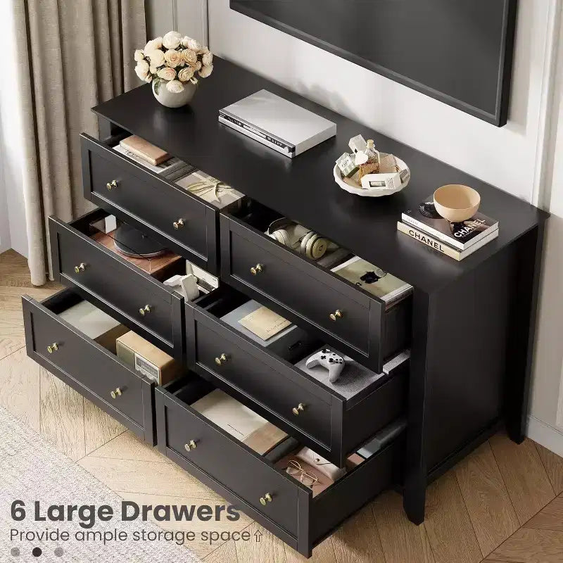 Commode large de 137 cm à 6 tiroirs pour chambre, entrée et couloir – Noir