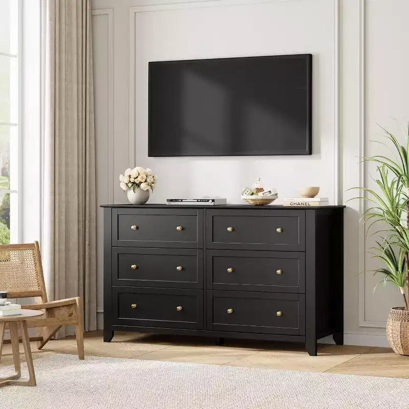 Commode large de 137 cm à 6 tiroirs pour chambre, entrée et couloir – Noir