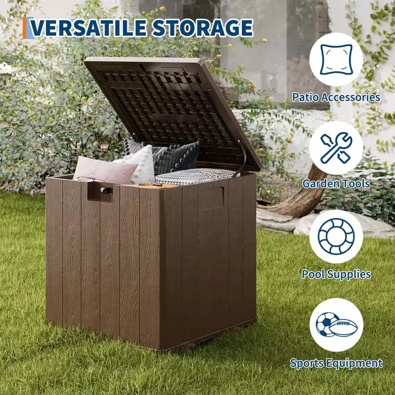 Boîte de rangement de terrasse étanche en résine de 300 litres – Rangement verrouillable pour coussins, outils de jardin et accessoires de piscine, marron