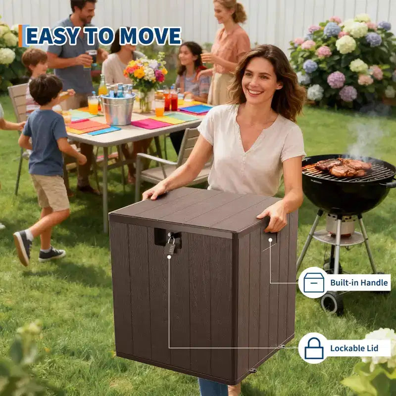 Boîte de rangement de terrasse étanche en résine de 300 litres – Rangement verrouillable pour coussins, outils de jardin et accessoires de piscine, marron