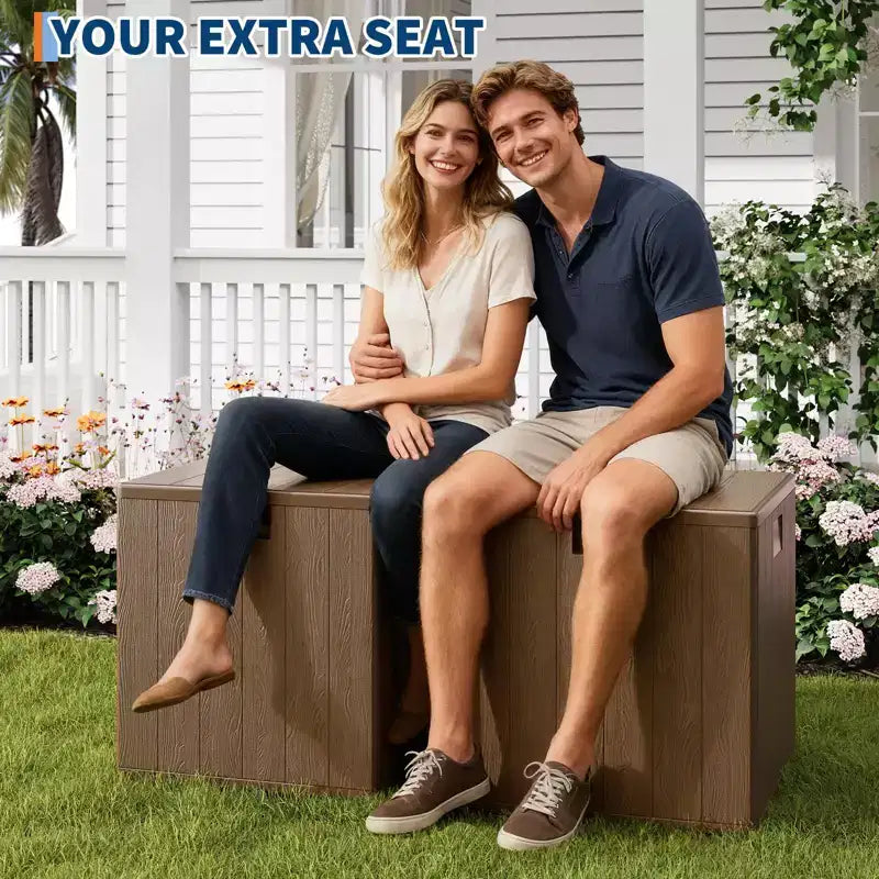 Boîte de rangement de terrasse étanche en résine de 300 litres – Rangement verrouillable pour coussins, outils de jardin et accessoires de piscine, marron