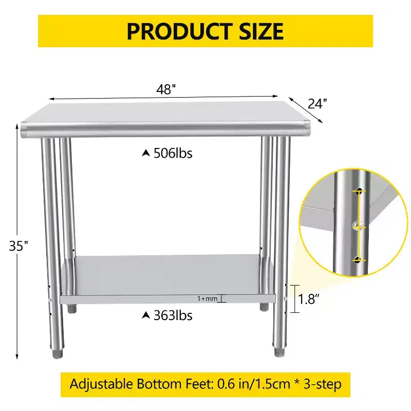 Table de préparation en acier inoxydable 30 x 24 pouces avec étagère réglable et roulettes, table de travail commerciale robuste