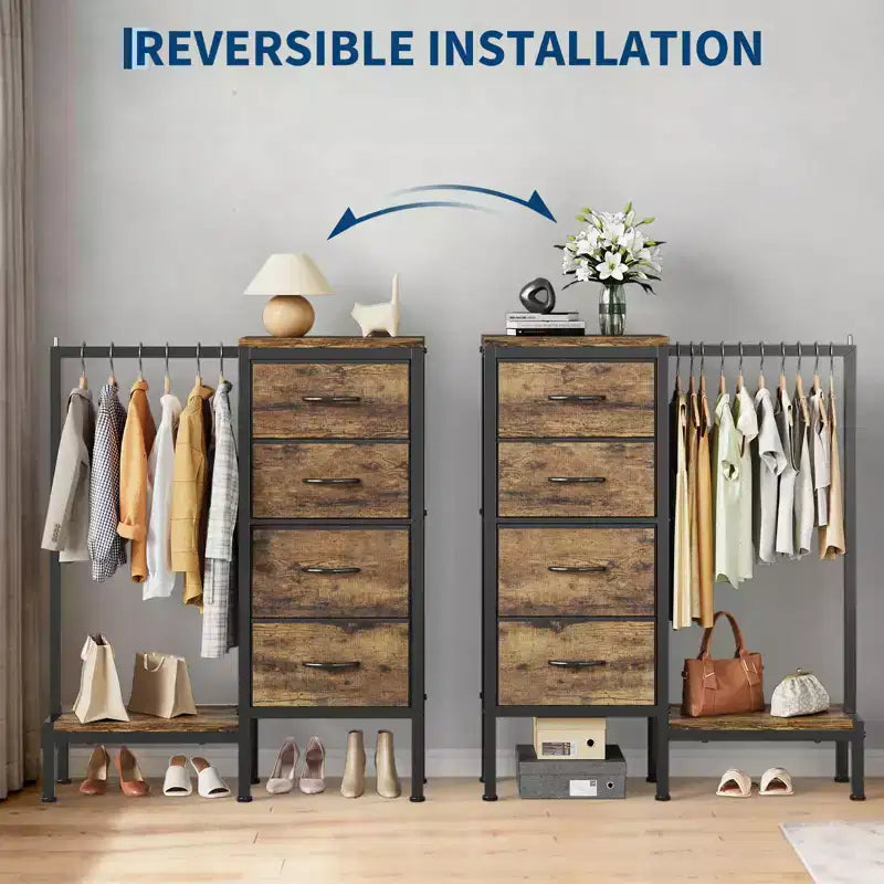 Commode avec penderie et tiroirs, commode en tissu réversible pour chambre et bureau