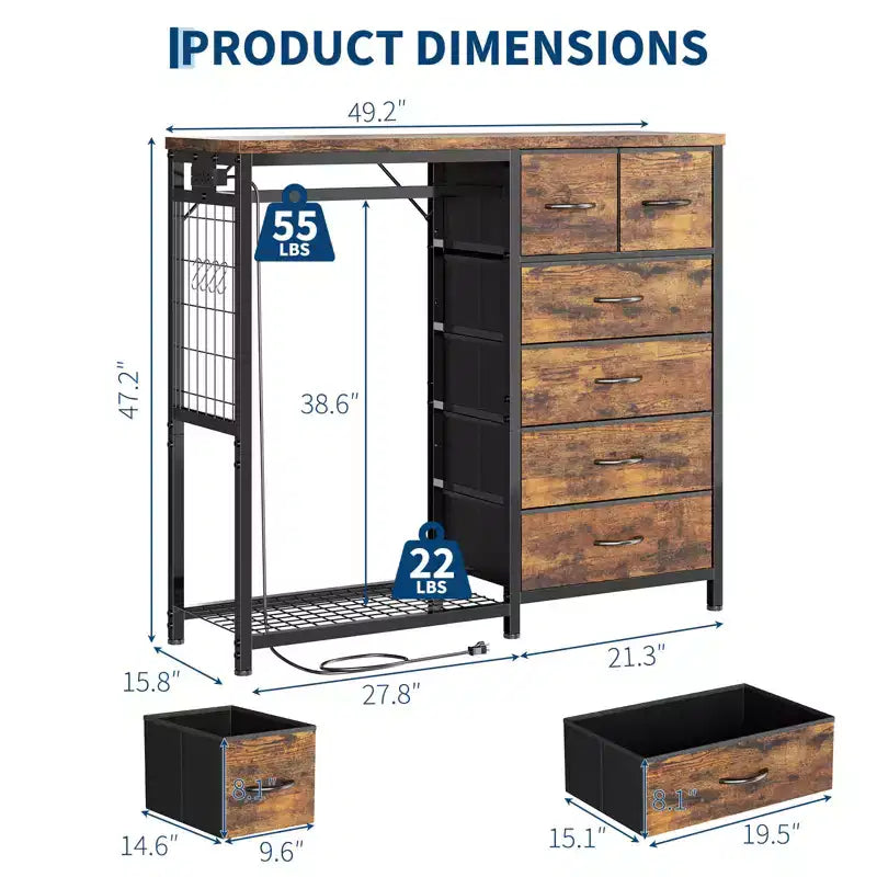Commode avec penderie et tiroirs, commode en tissu réversible pour chambre et bureau