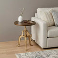 Table d'appoint ronde de 19 po en laiton, bois massif et fer, réglable en hauteur