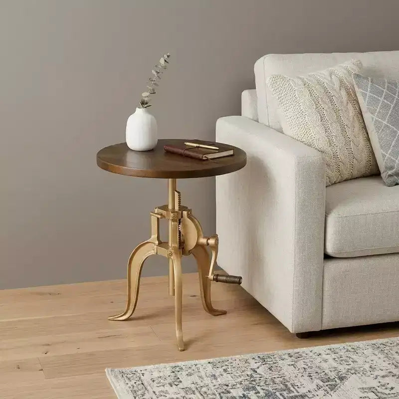 Table d'appoint ronde de 19 po en laiton, bois massif et fer, réglable en hauteur