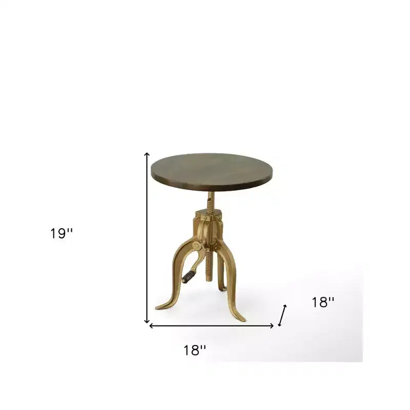 Table d'appoint ronde de 19 po en laiton, bois massif et fer, réglable en hauteur