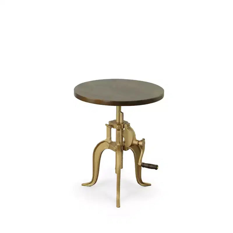 Table d'appoint ronde de 19 po en laiton, bois massif et fer, réglable en hauteur