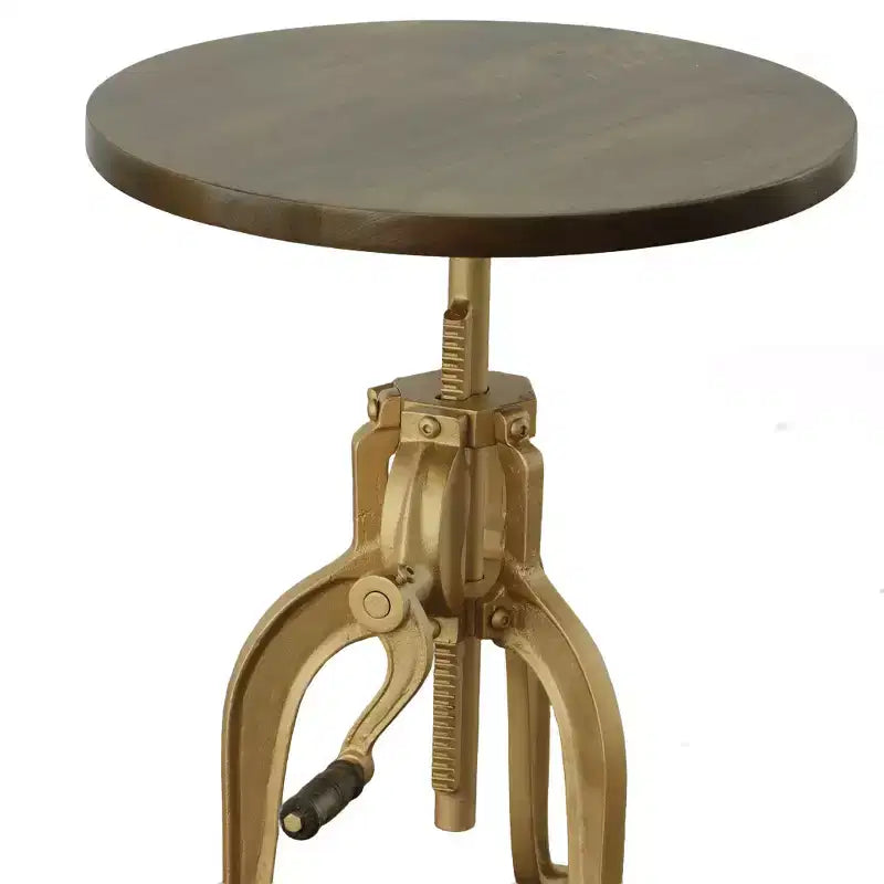 Table d'appoint ronde de 19 po en laiton, bois massif et fer, réglable en hauteur
