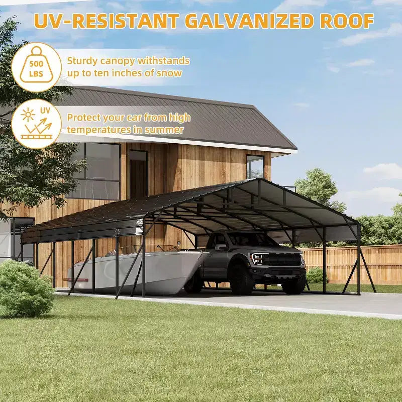 Abri de voiture en métal 6 x 9 m, abri robuste tout temps, toit en acier galvanisé et cadre thermolaqué pour la protection des véhicules et l'utilisation en extérieur