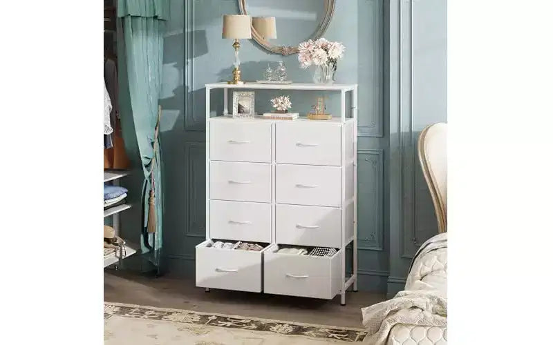 Commode en tissu pour chambre à coucher avec étagères ouvertes, tour de rangement à 8 tiroirs avec bacs en tissu, blanc