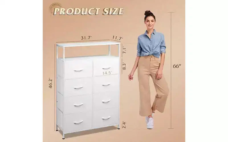Commode en tissu pour chambre à coucher avec étagères ouvertes, tour de rangement à 8 tiroirs avec bacs en tissu, blanc